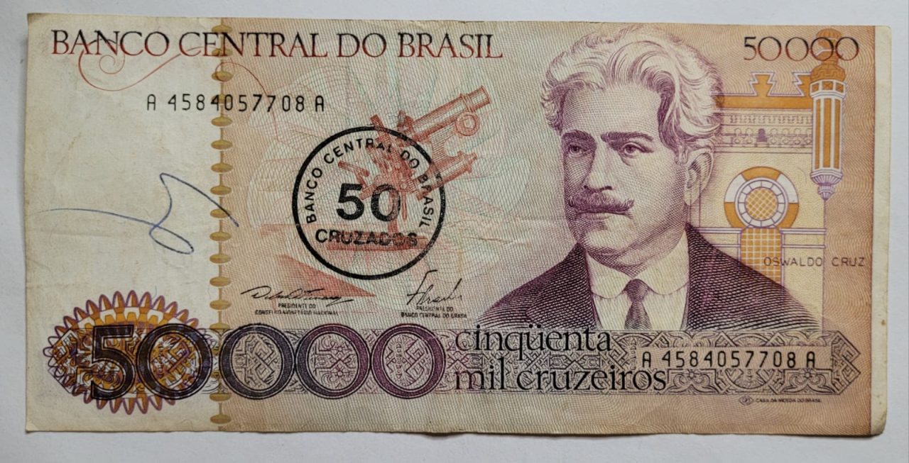 | Casa do Colecionador 50.000 (Cinquenta Mil Cruzeiros) com Carimbo de 50 Cruzados - Cédula C178 - MBC (Ano 1986)