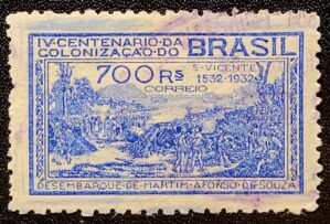Comemorativos - RHM C0045 D (Usado-Variedade) 700 Réis - 4º Centenário da Fundação de São Vicente e da Colonização por Martim Afonso de Souza - 03/06/1932 (Selos do Brasil)