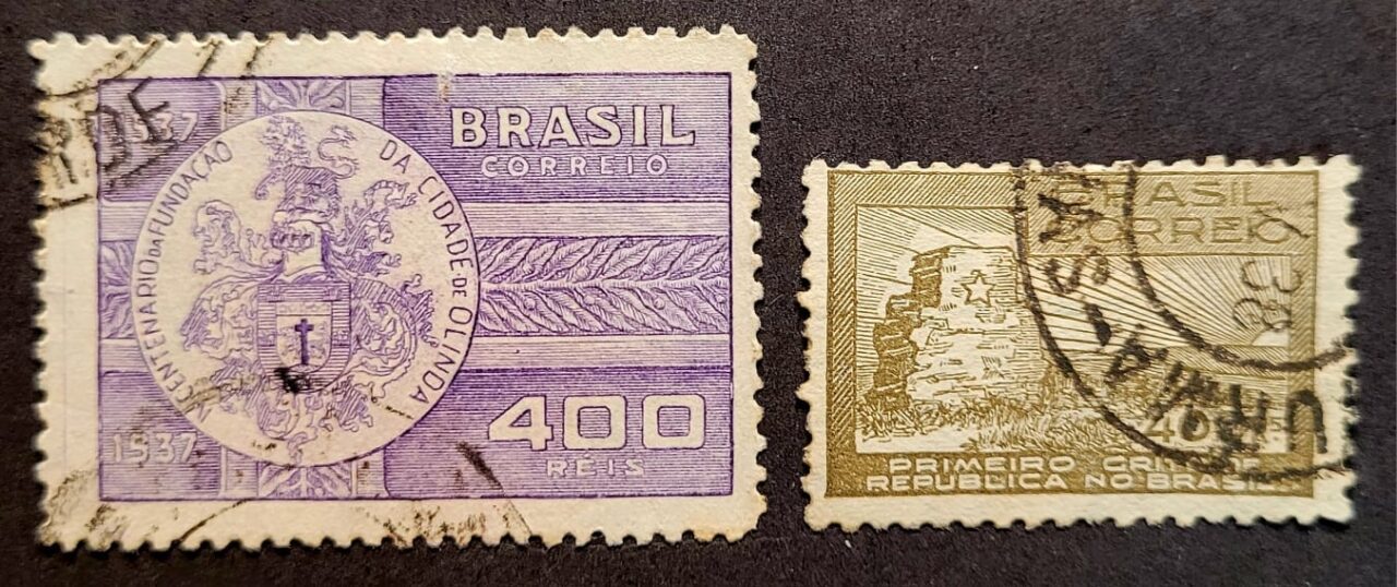 | Casa do Colecionador Comemorativos - RHM C0128 e C0129 (Usados) Série Completa - 4º Centenário de Olinda/PE e Primeiro Grito da República - 24//01/1938 (Selos do Brasil)