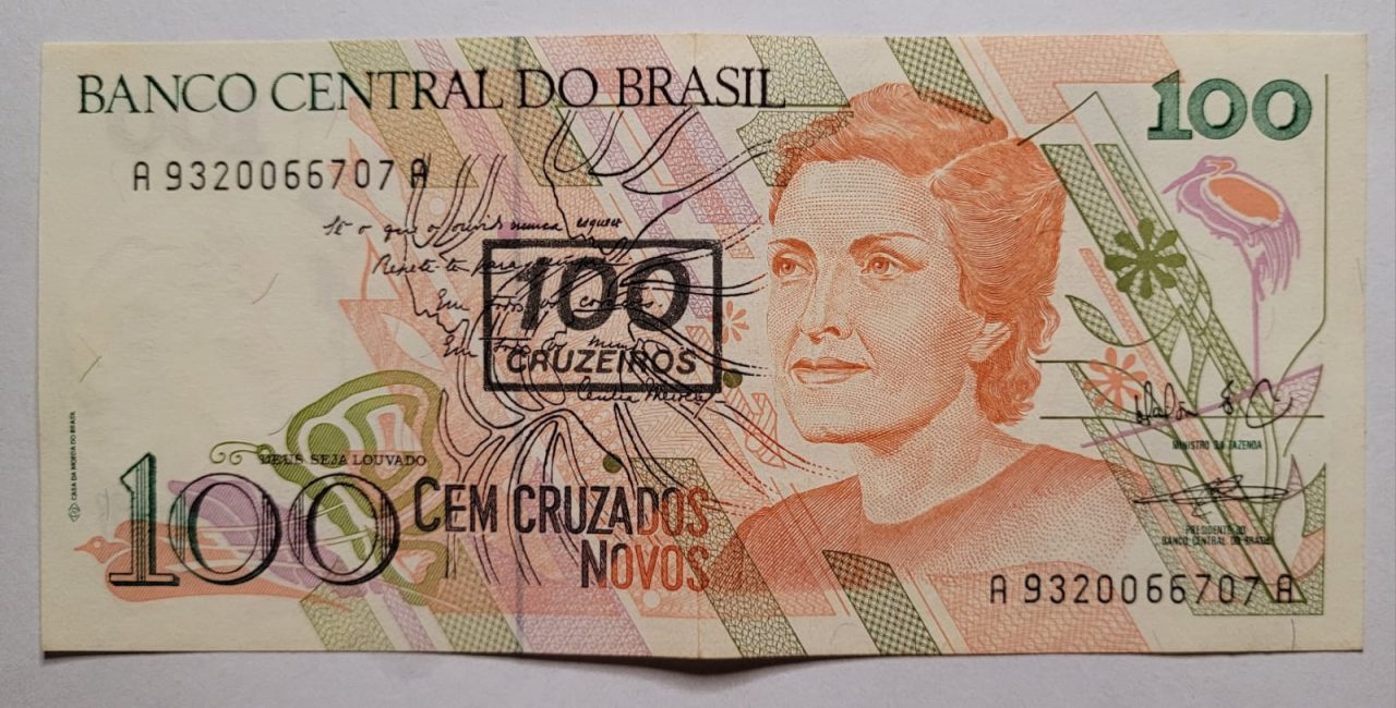 | Casa do Colecionador 100 (Cem Cruzados Novos) com Carimbo de 100 Cruzeiros - Cédula C211 SOB (Ano 1990)