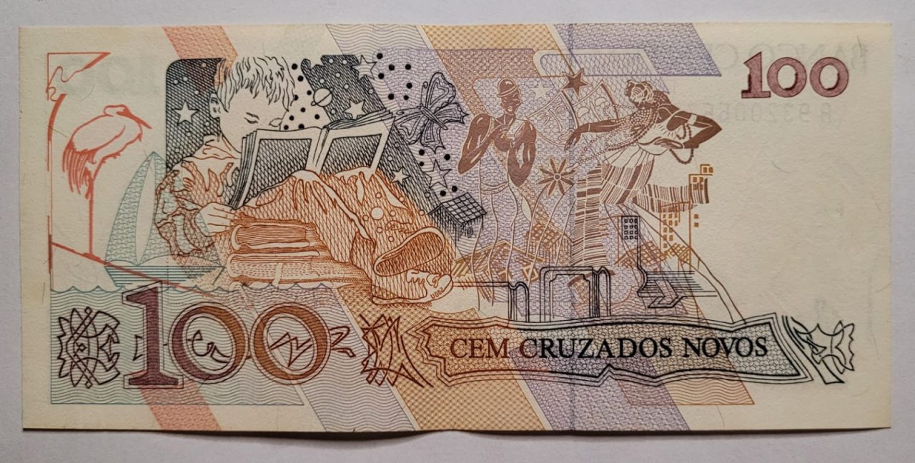 | Casa do Colecionador 100 (Cem Cruzados Novos) com Carimbo de 100 Cruzeiros - Cédula C211 SOB (Ano 1990)