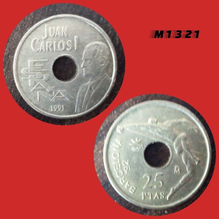 | Casa do Colecionador Moeda Espanha - 25 pesetas - Bronze-Alumínio - 4,25g - 19,5mm - 1991 - Rei Juan Carlos - M1321