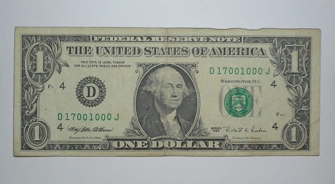 | Casa do Colecionador Estados Unidos / 1 Dollar - 1995 - D - Selo verde - Numeração final 1000 J - Cabecinha - Washington - Não circula mais