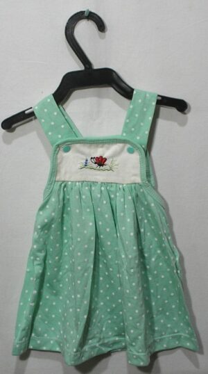 Vestido em malha da cor verde claro com bolinhas brancas, bordado borboleta, veste menina de 1 a 6 meses