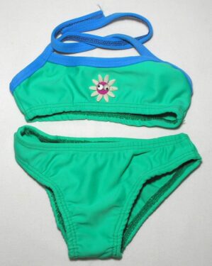 Biquíni infantil forrado nas duas peças com laço de pescoço e decoração central flor com carinha e olho que mexe, veste menina de 6 meses pra cima