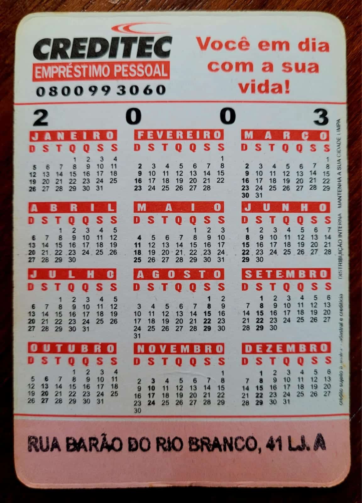 | Casa do Colecionador Calendário de Bolso (Tema Propaganda) Creditec - Ano 2003