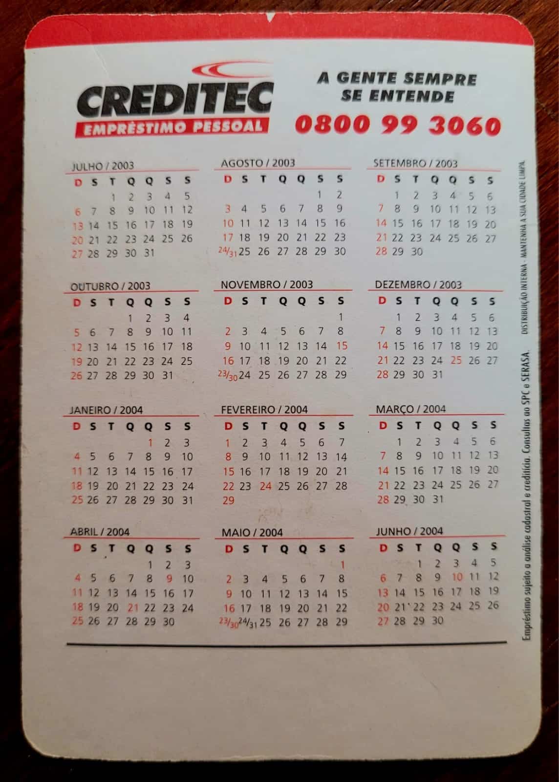 | Casa do Colecionador Calendário de Bolso (Tema Propaganda) Creditec - Ano 2003