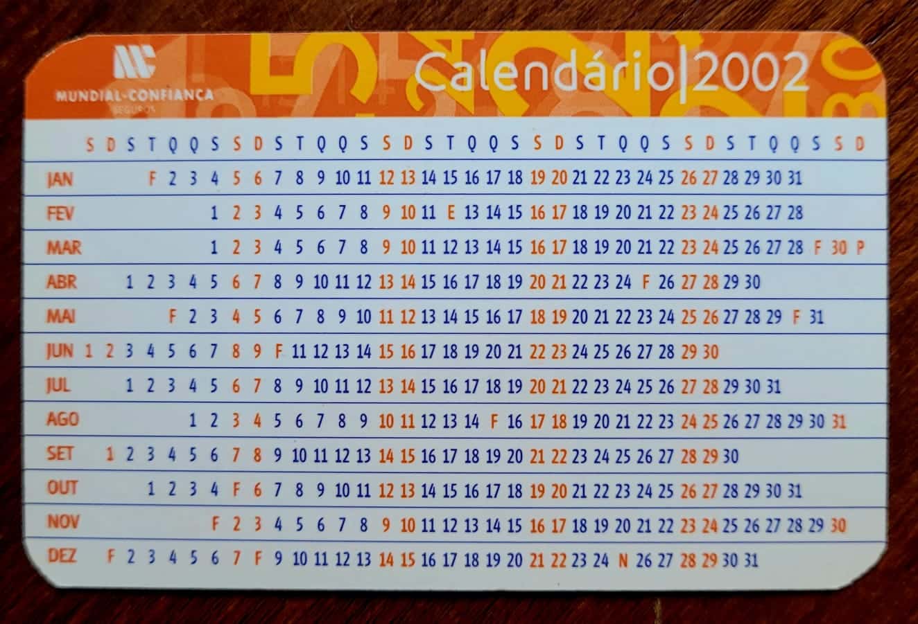 | Casa do Colecionador Calendário de Bolso (Tema Propaganda) Mundial Confiança - Seguros - Ano 2002