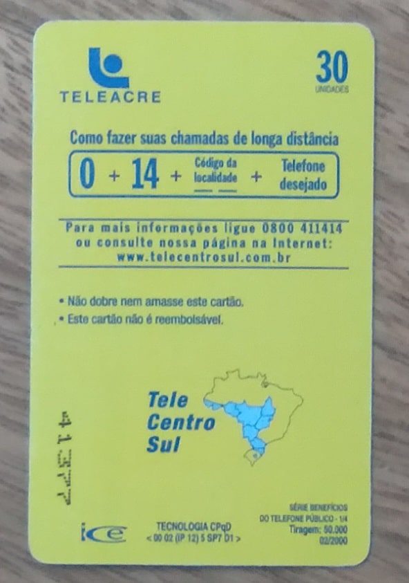 | Casa do Colecionador Cartão telefone Brasil Teleacre TCS 200002. Telefone público com poderes.