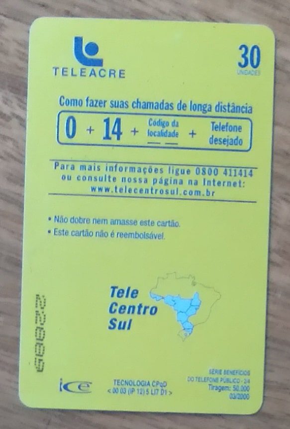 | Casa do Colecionador Cartão telefone Brasil Teleacre TCS 200003. TP Ligação interurbana