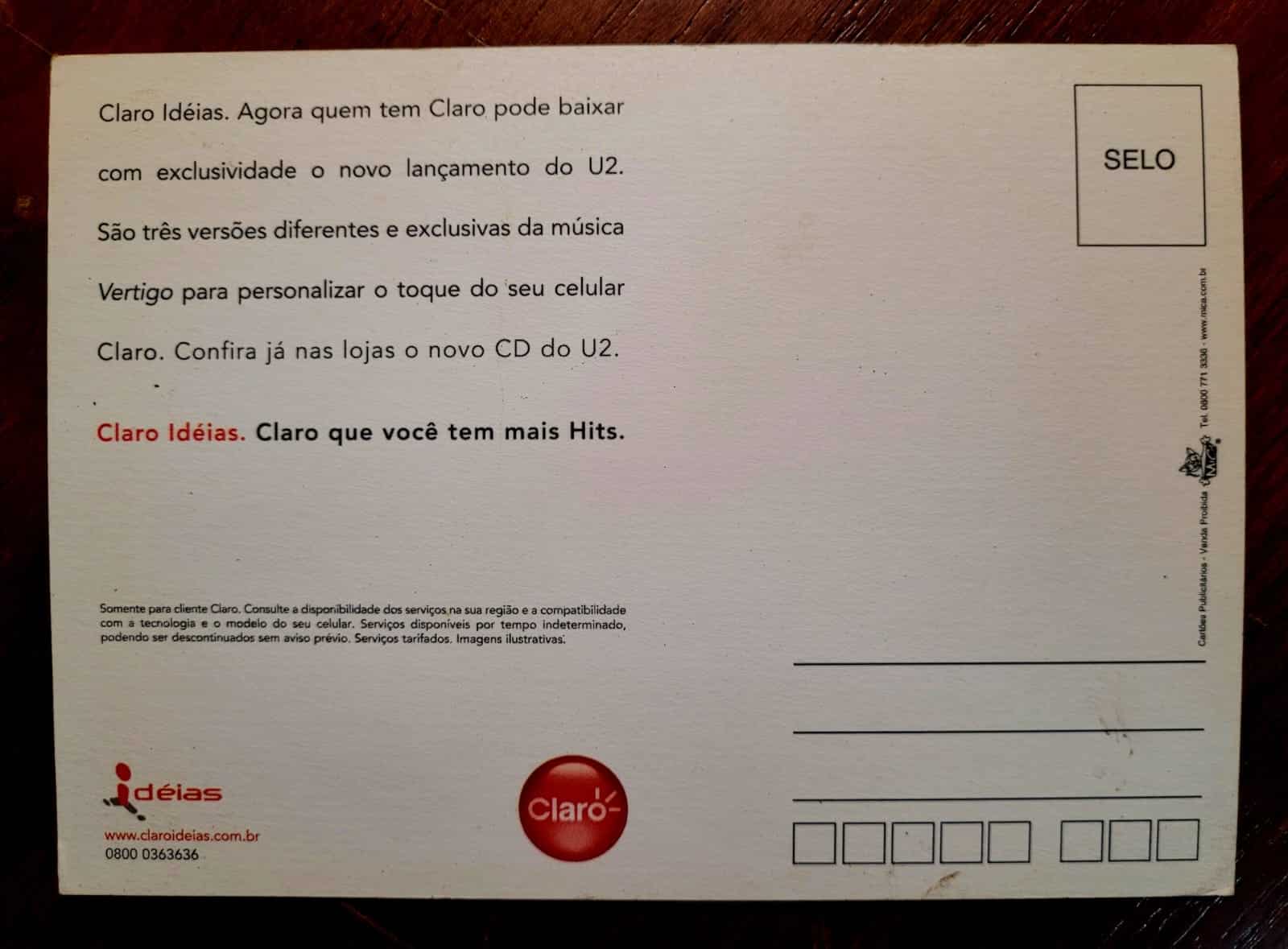 | Casa do Colecionador Cartão Postal - Tema Propaganda - Claro / U2