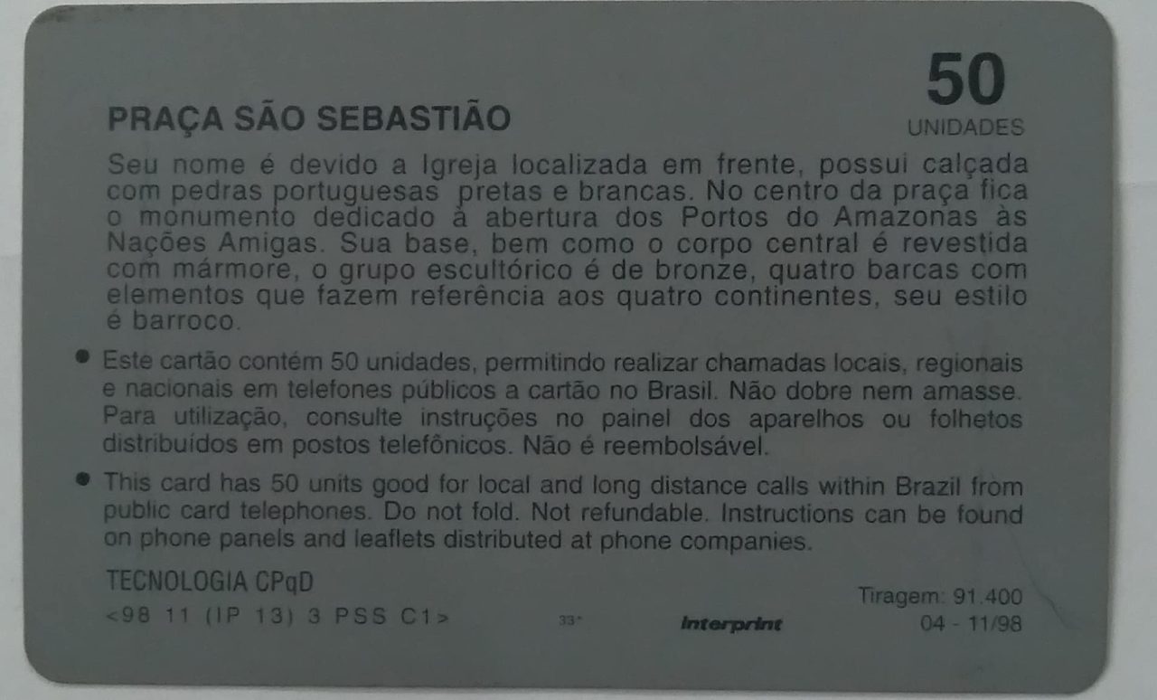 | Casa do Colecionador Cartão telefone Brasil Telamazon 199811. Praça São Sebastião com igreja ao fundo.
