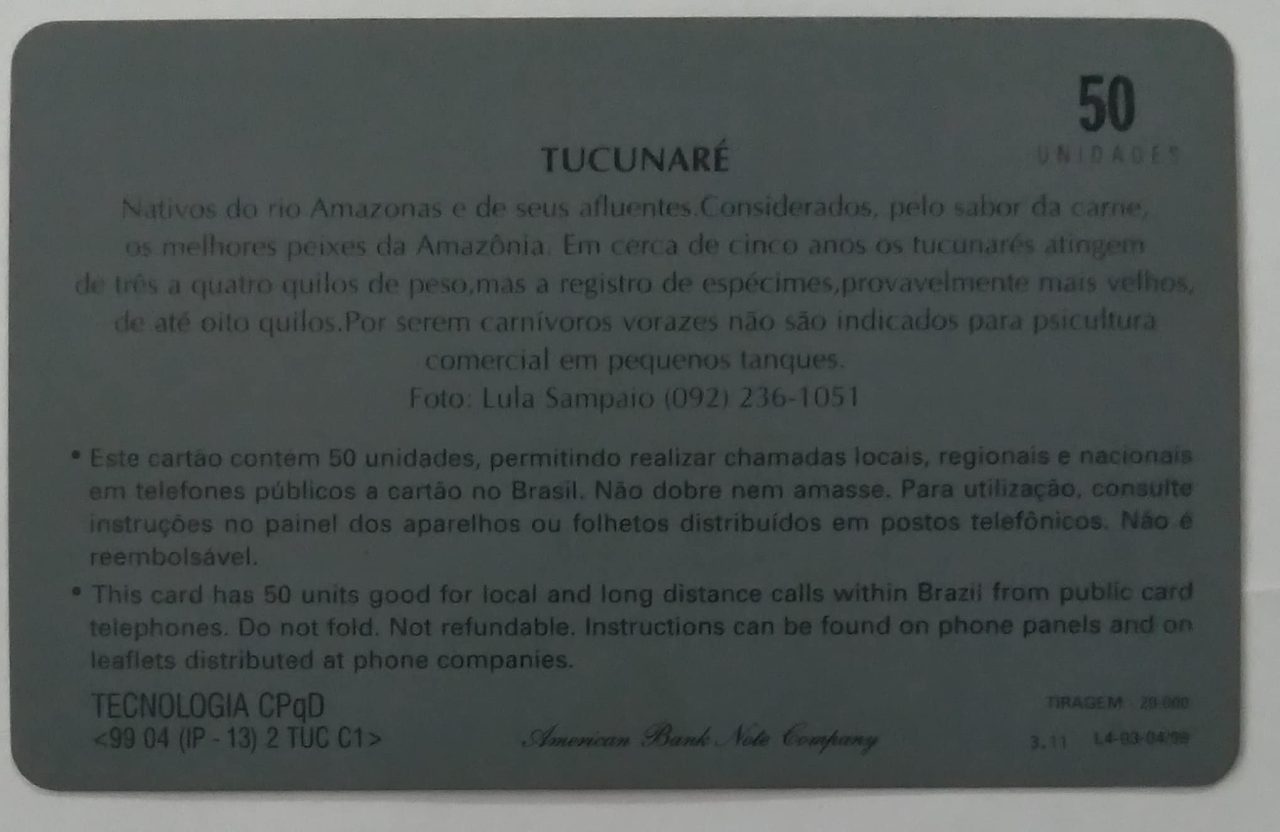 | Casa do Colecionador Cartão telefone Brasil Telamazon 199904. Peixe Tucunaré