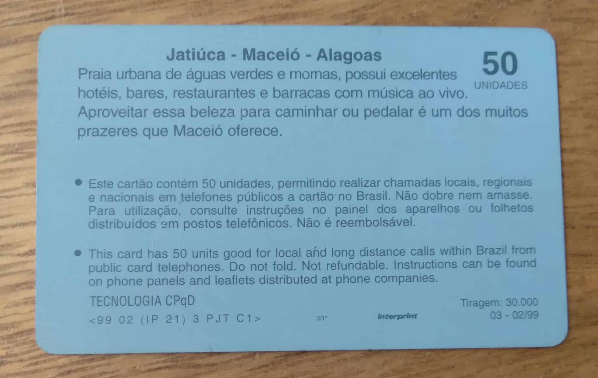 | Casa do Colecionador Cartão telefone Brasil Telasa TNL 199902. Belas praias Jatiuca.