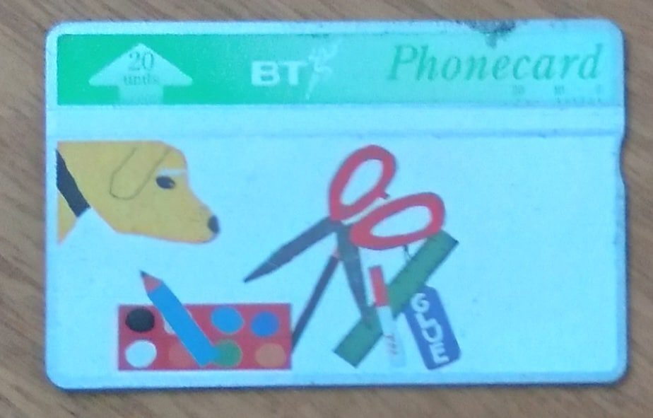 | Casa do Colecionador Cartão telefone Inglaterra BT. Blue Peter tesoura lapis cola.