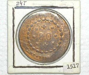 80 Réis - 1831 - G "Goias" / 24 T / Data e letra monetária entre cruzetas / Rara / Cobre / Bc/Mbc - Difícil aparecer tão bonita assim / Cod.300