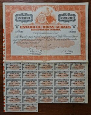 Apólice – Estado de Minas Gerais – Dívida Interna Fundada – Série B – 200 mil réis – 1936 - Nº 1283545 [JMC]