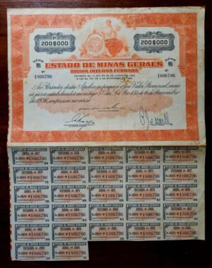 Apólice – Estado de Minas Gerais – Dívida Interna Fundada – Série B – 200 mil réis – 1936 - Nº 1806796 [CG]