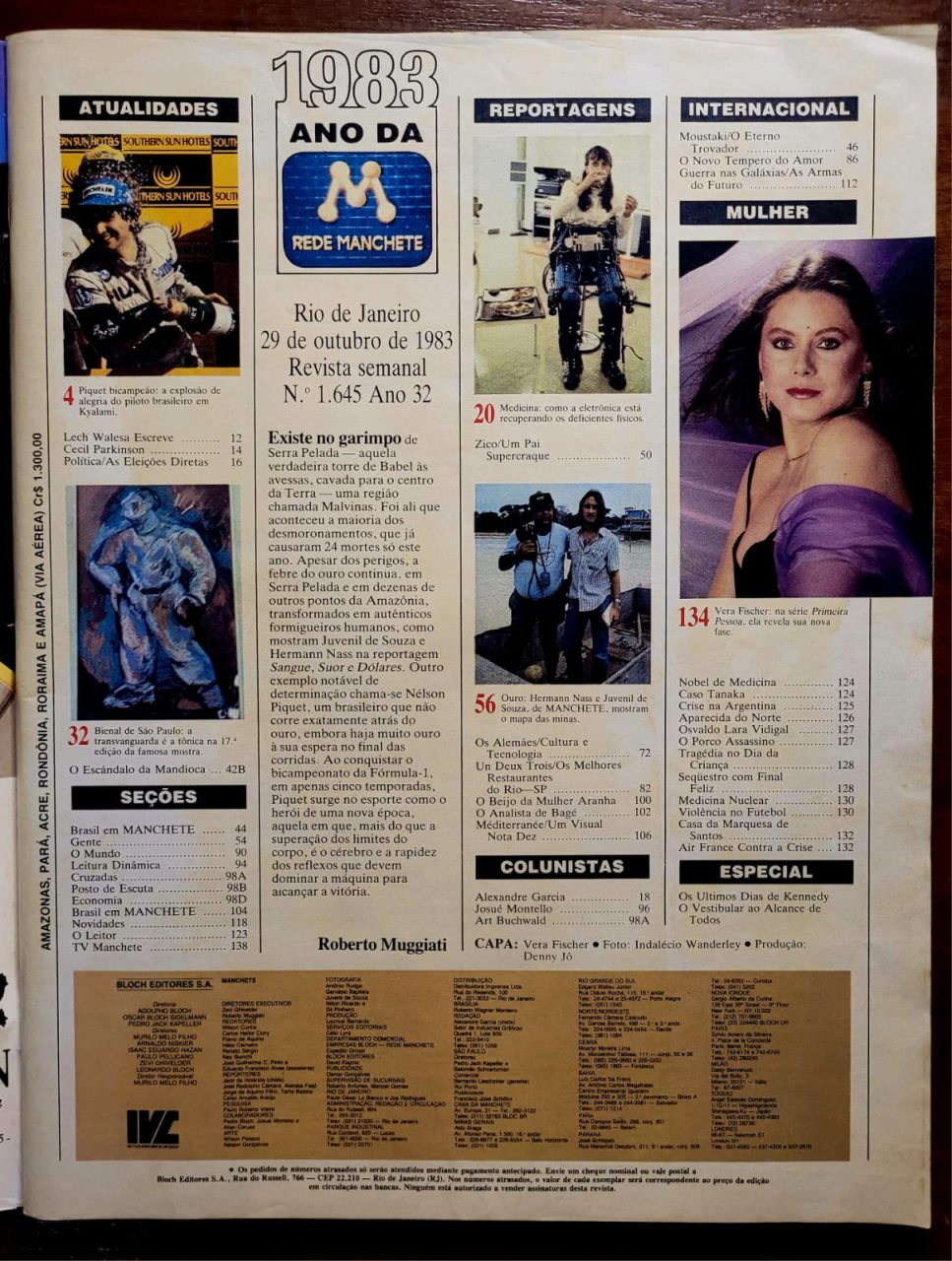 | Casa do Colecionador Manchete Nº 1645 - Vera Fischer de Símbolo Sexual a Intelectual - 29/10/1983