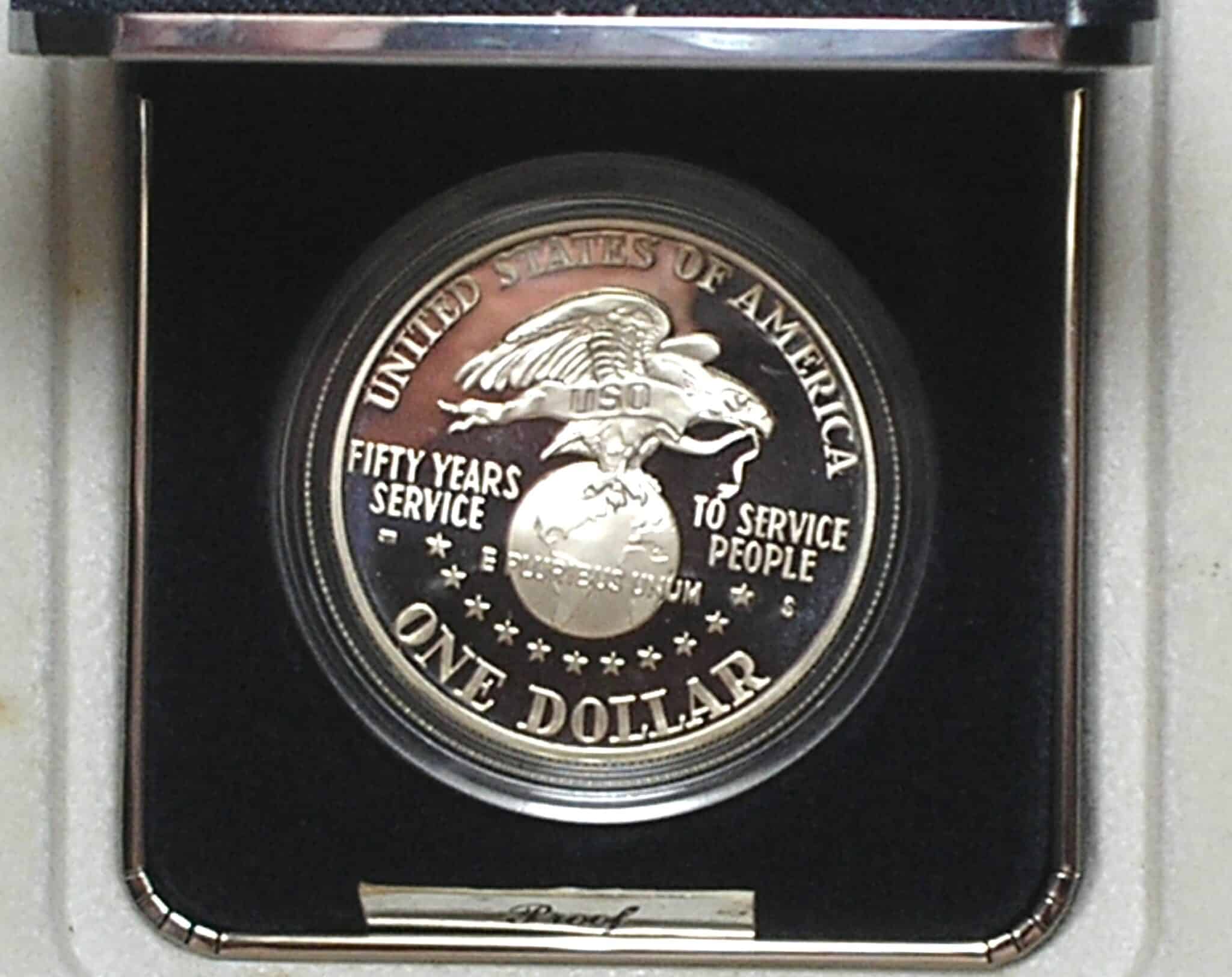 | Casa do Colecionador Usa) Estojo 1 Dollar - 1991-S "Comemorativa aos 50 anos do USO - United Service Organization" / Prata Proof / cod. ems.2