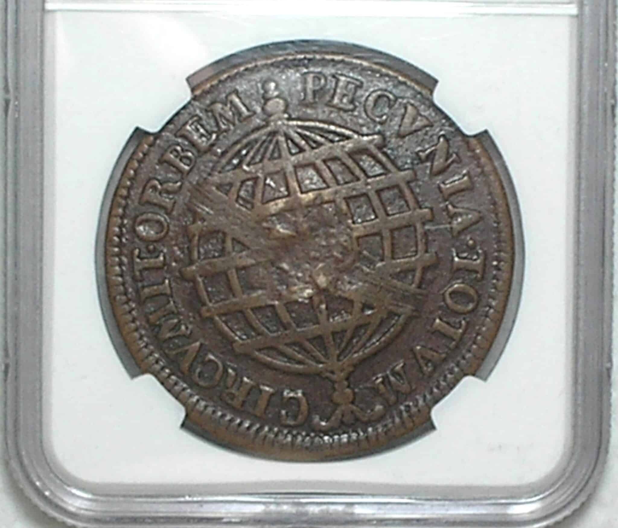 | Casa do Colecionador Xl Reis 1753 46 Perolas Data Floroes Verticais Escudete Colonia De Iosephus I Cobre Soberba Au Weak Graduada Pela Ngc Rara Nesse Estado Cod300 3