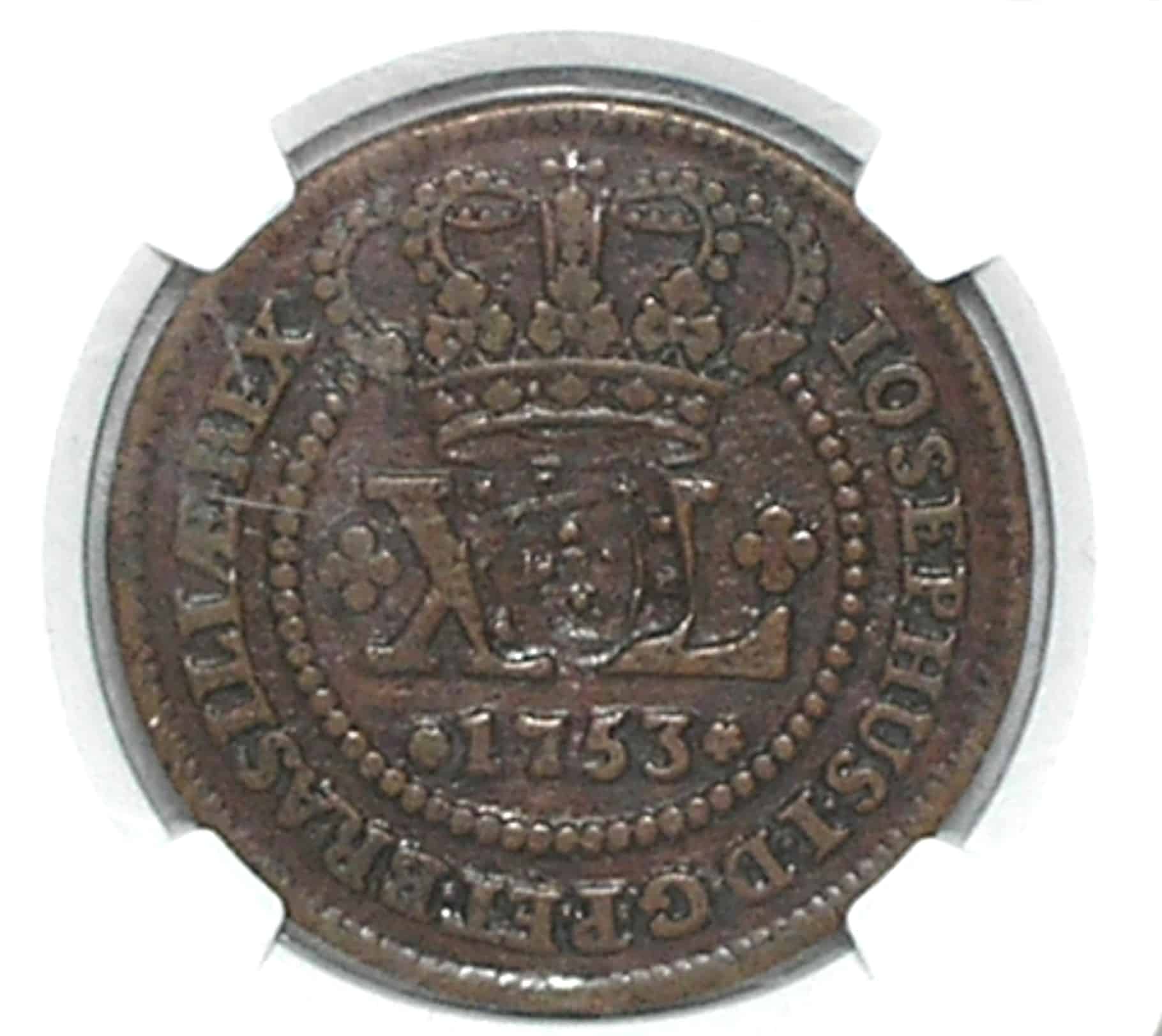 | Casa do Colecionador Xl Reis 1753 46 Perolas Data Floroes Verticais Escudete Colonia De Iosephus I Cobre Soberba Au Weak Graduada Pela Ngc Rara Nesse Estado Cod300 4