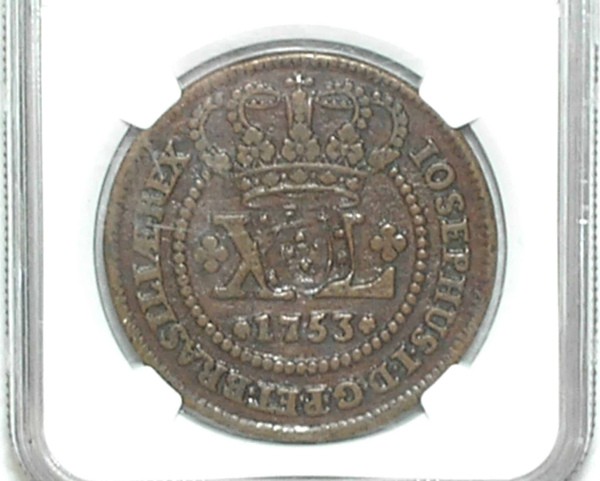 | Casa do Colecionador Xl Reis 1753 46 Perolas Data Floroes Verticais Escudete Colonia De Iosephus I Cobre Soberba Au Weak Graduada Pela Ngc Rara Nesse Estado Cod300 5