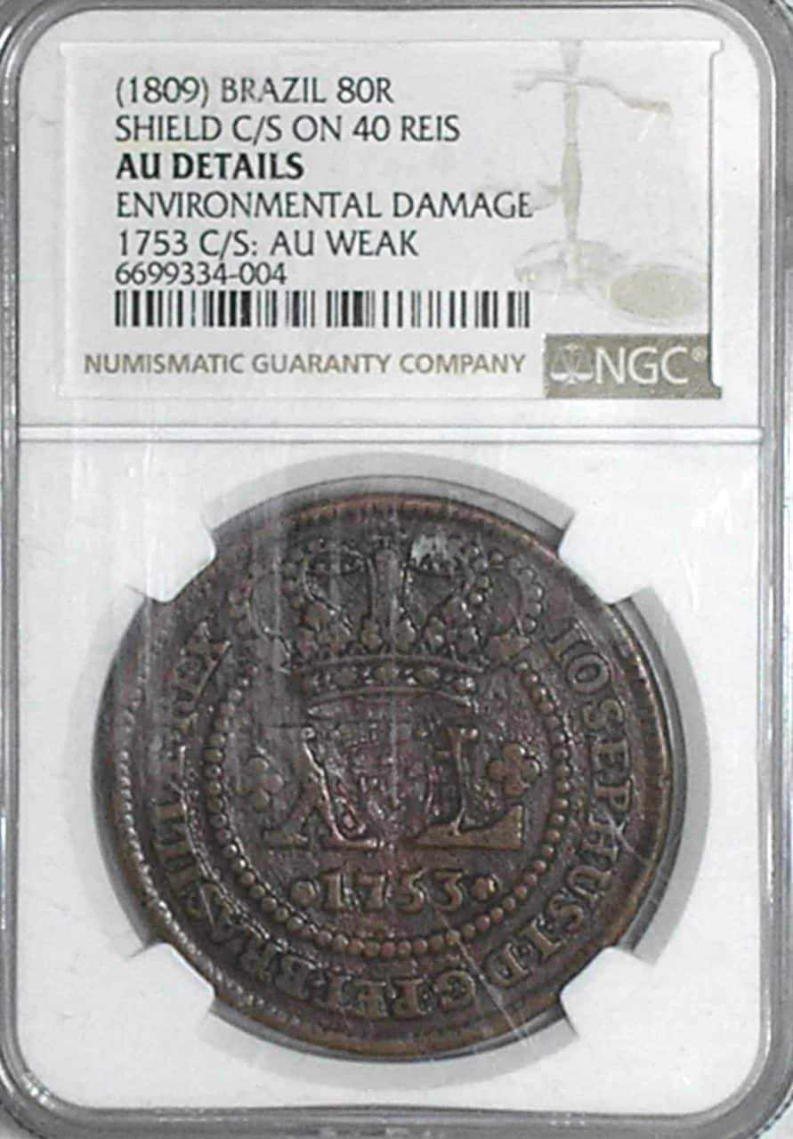 | Casa do Colecionador Xl Reis 1753 46 Perolas Data Floroes Verticais Escudete Colonia De Iosephus I Cobre Soberba Au Weak Graduada Pela Ngc Rara Nesse Estado Cod300 7