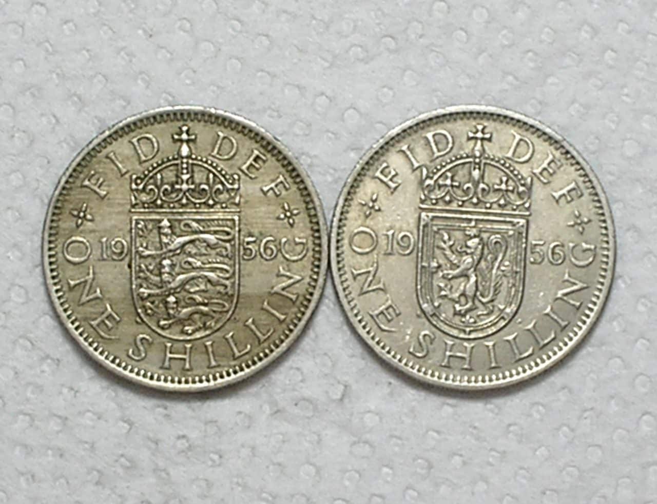 | Casa do Colecionador Inglaterra) 1 Shilling -1956 / English e Scottish - Elizabeth II / 23,5mm / Co/Ni / Mbc / box56
