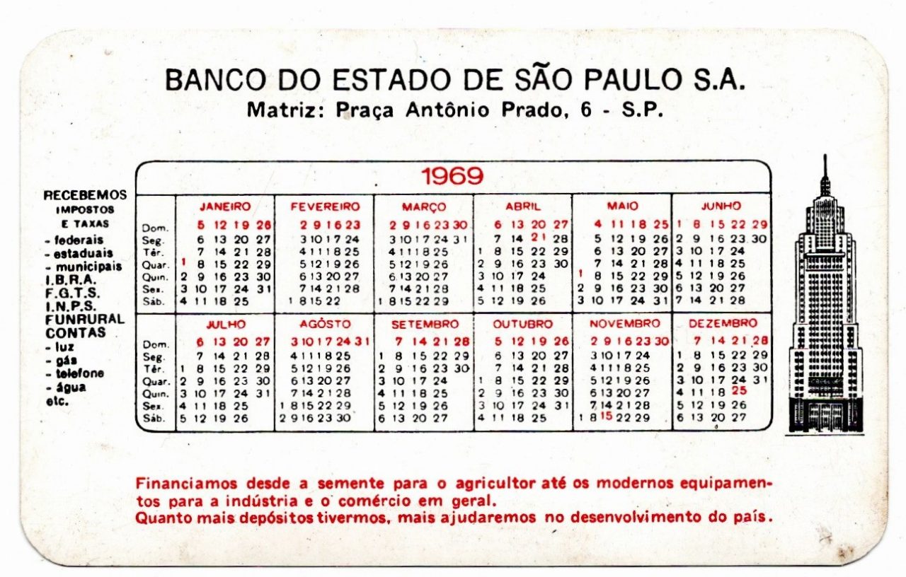 | Casa do Colecionador Calendario de Bolso - Banco do Estado de São Paulo SA - 1969