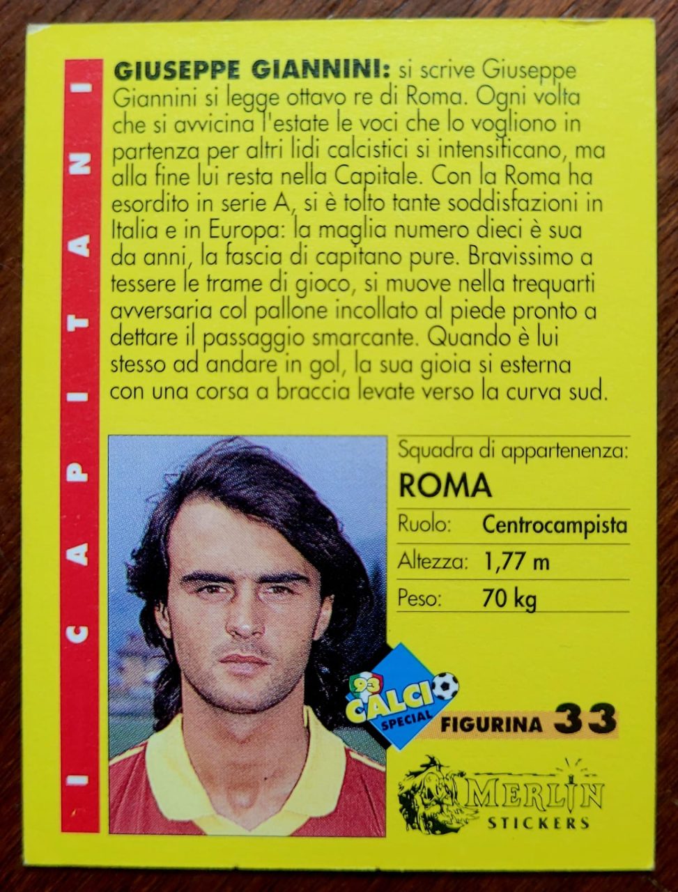 | Casa do Colecionador Card Italiano - Calcio 93 Special Nº 33 - Giuseppe Giannini - Roma