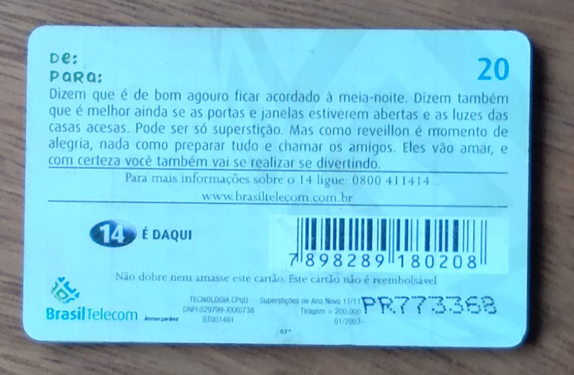 | Casa do Colecionador Cartão Brasil Telecom 2002. Superstições de ano novo valor de cada ct