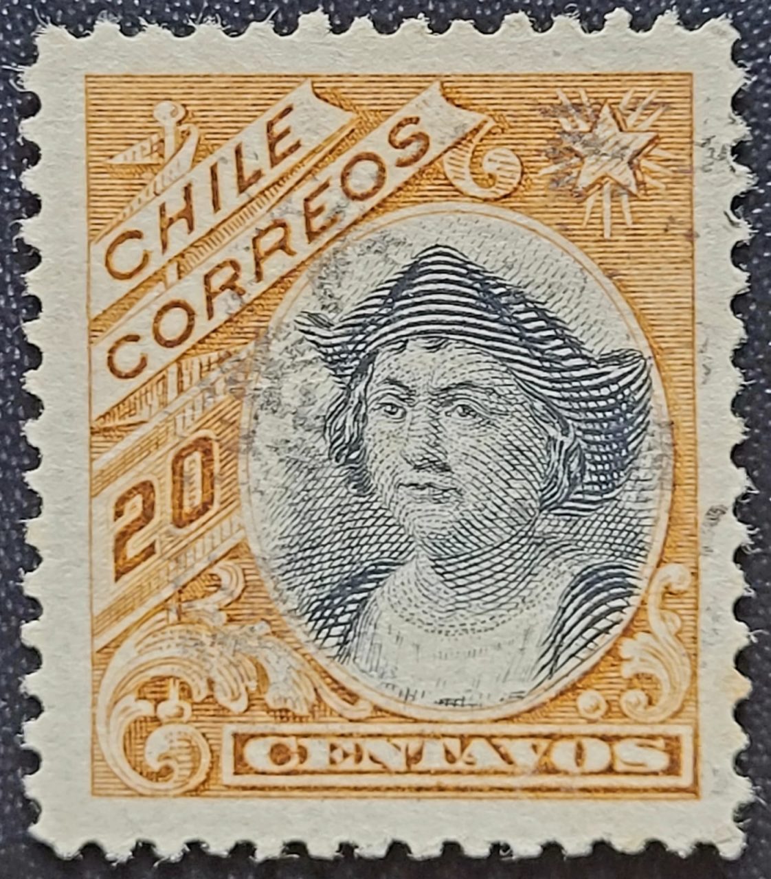 | Casa do Colecionador Chile - SW Nº 0065 (Usado) 20 cts - Cristovão Colombo - Cabeça em Novo Desenho - 1905