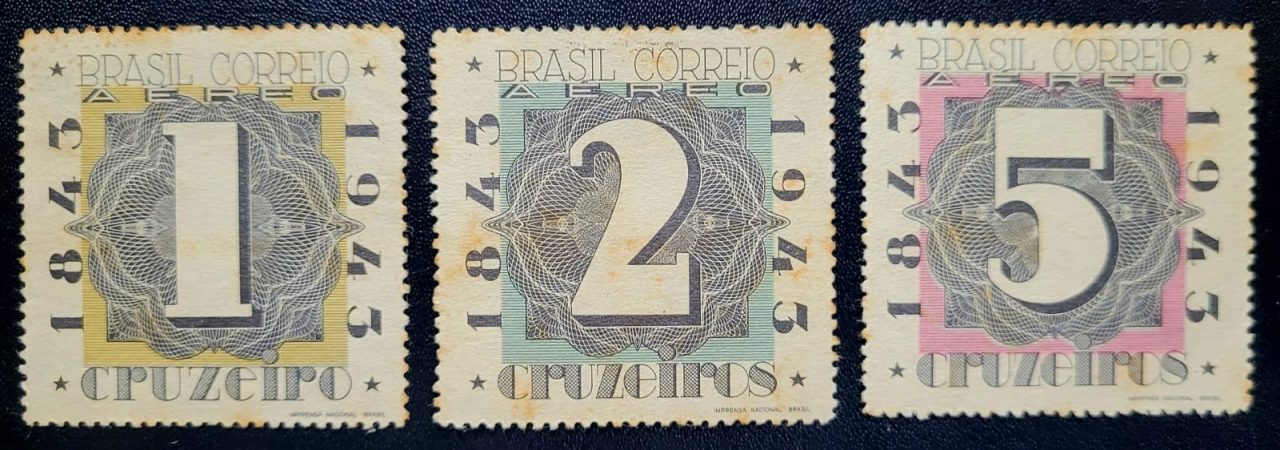 | Casa do Colecionador Aéreos - RHM A048 a A050 (Novos) Série Completa - Centenário do Selo Postal Brasileiro - Brapex II - 07/08/1943 (Selos do Brasil)