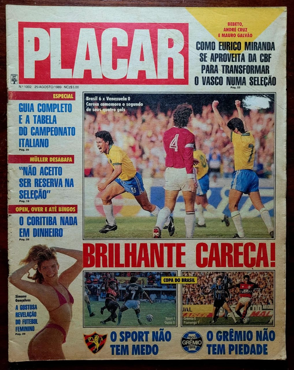 | Casa do Colecionador Placar Nº 1002 (Revista com 60 Escudinhos para Botões + Pôster do Dunga) 25/08/1989