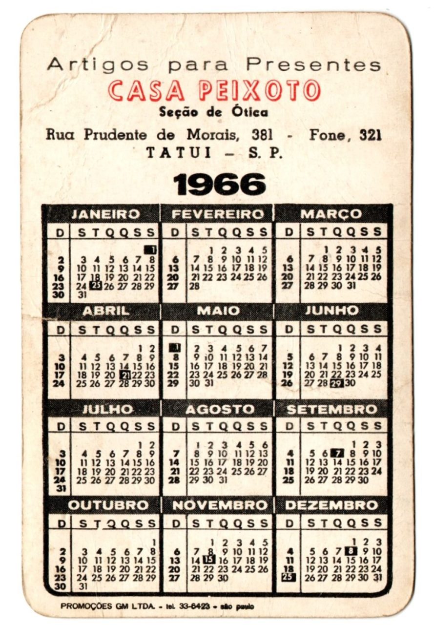 | Casa do Colecionador Calendario De Bolso - Curitiba - PR - 1966