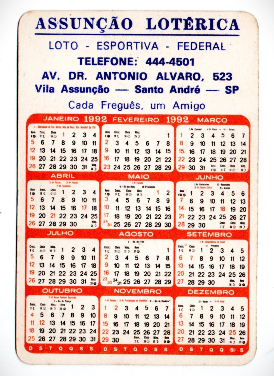 | Casa do Colecionador Calendario De Bolso - Jogo do Bicho - 1992