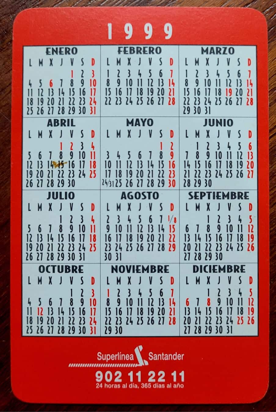 | Casa do Colecionador Calendário de Bolso (Tema Propaganda) Banco Santander - Ano 1999 - Calendário Estrangeiro - Espanha