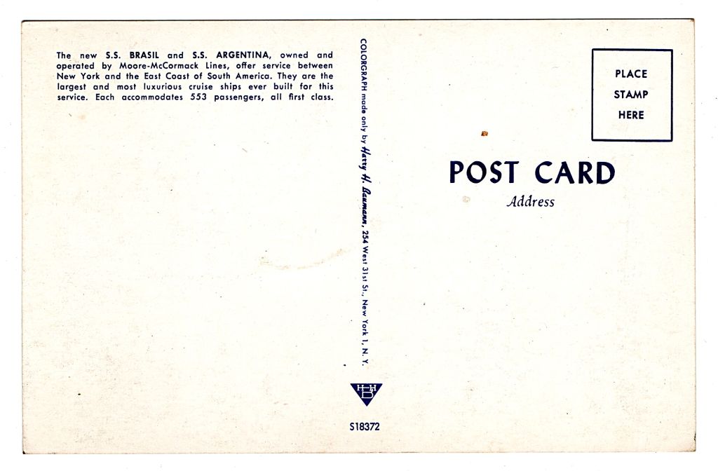| Casa do Colecionador Cartáo Postal - Navio SS Brasil - Anos 50