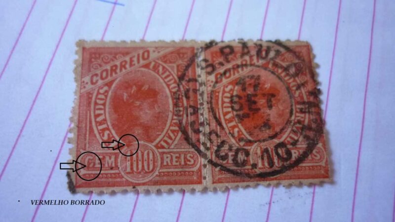 | Casa do Colecionador SELO DUPLA 100 RÉIS COM CARIMBO S.PAULO COM VERMELHO BORRADO LOTE 1104 .