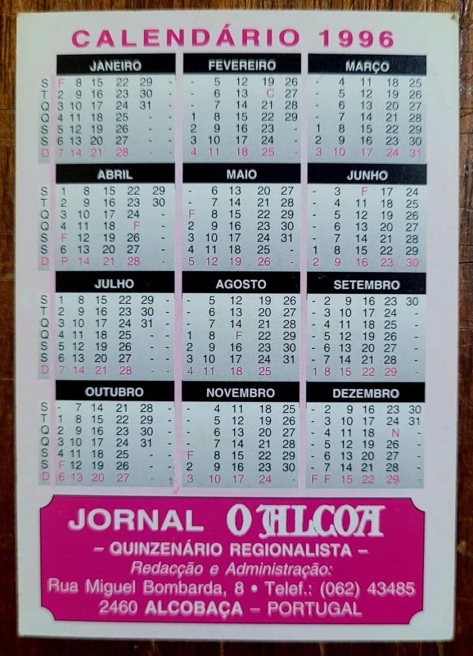| Casa do Colecionador Calendário de Bolso (Tema Propaganda) Jornal - O Alcoa - Ano 1996