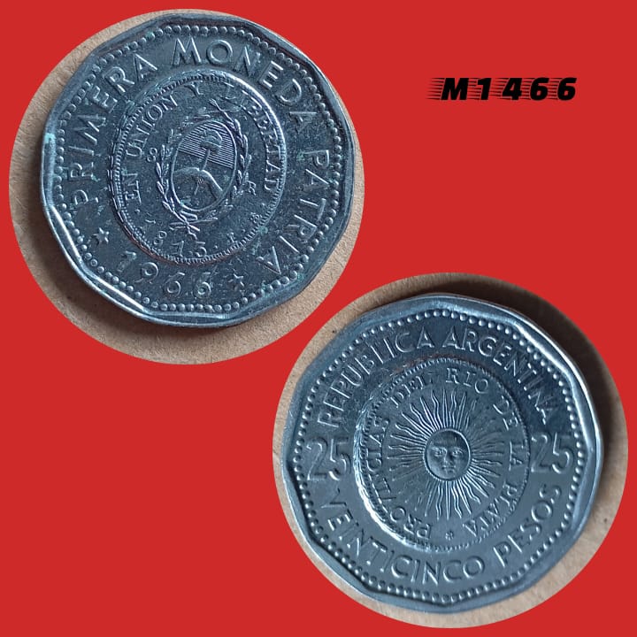 | Casa do Colecionador Moeda Argentina - 25 pesos - Aço revestido Níquel - 6,45g - 26mm - 1966 - M1466