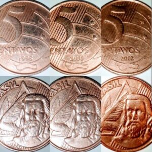 5 CENTAVOS REAL TIRADENTES 1998 (CUNHO ANÔMALO) + 5 CENTAVOS REAL TIRADENTES 2000 (BAIXA TIRAGEM) + 5 CENTAVOS REAL TIRADENTES 2002 (BAIXA TIRAGEM)