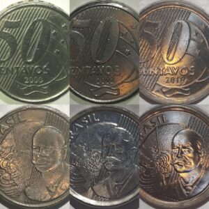 50 CENTAVOS REAL BARÃO DO RIO BRANCO 2000 MBC (BAIXA TIRAGEM) + 50 CENTAVOS REAL BARÃO DO RIO BRANCO 2002 MBC + 50 CENTAVOS REAL BARÃO DO RIO BRANCO 2019 "A" MBC (FAMÍLIA HOLANDESA)