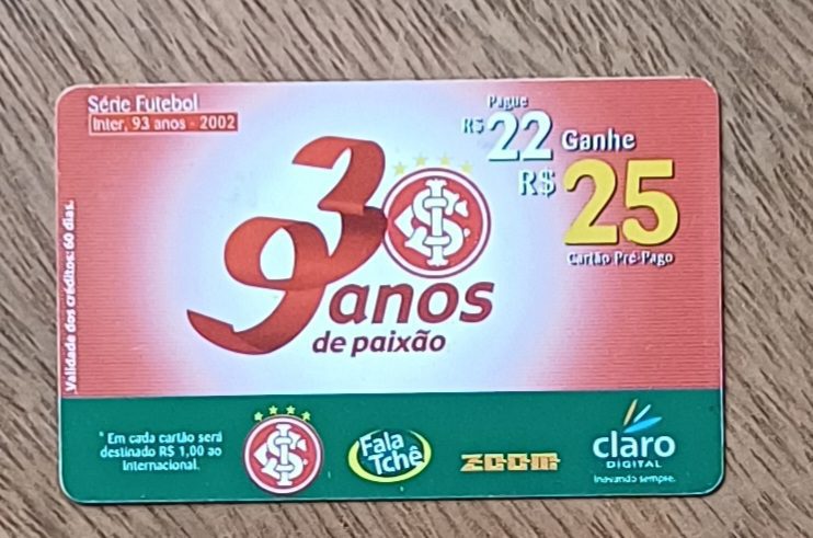 | Casa do Colecionador 5b1. Cartão telefone Brasil Claro futebol. Internacional 93 anos de paixão.