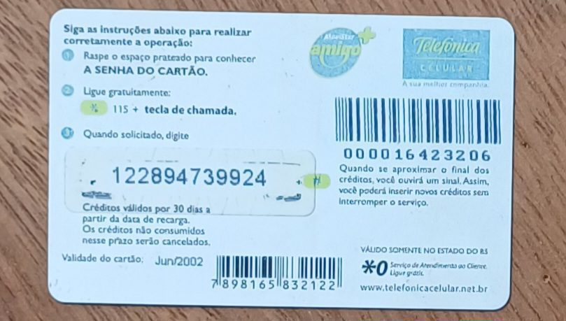 | Casa do Colecionador 5b3. Cartão telefone Brasil Telefônica Movistar Amigo. Verde de 10 + 1 Real.