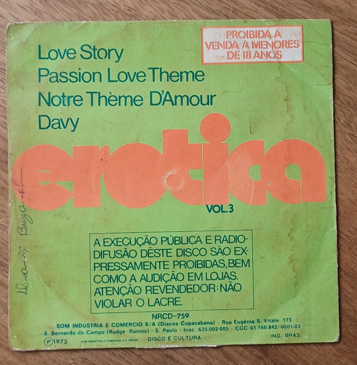 | Casa do Colecionador 5b3. Só a capa do vinil compacto Erótica vol 3. Love Story e +.