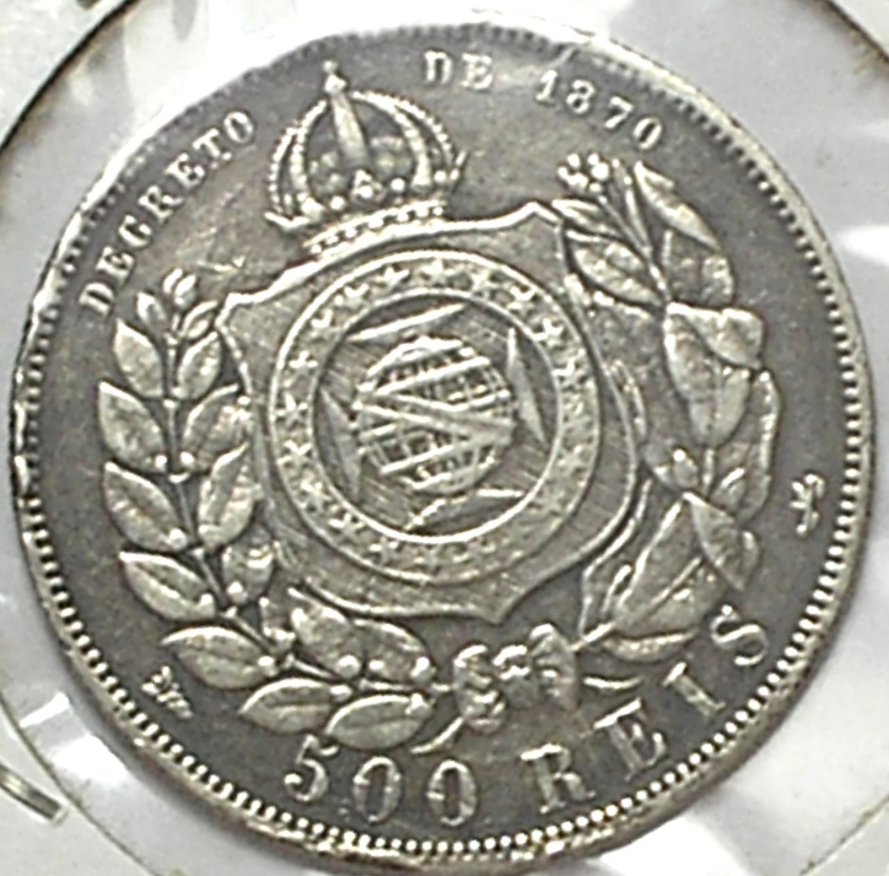 | Casa do Colecionador 500 Réis - 1889 / Variante inédita: Folhas internas esquerda e direita ligam ao escudo / Império / Mbc / Prata