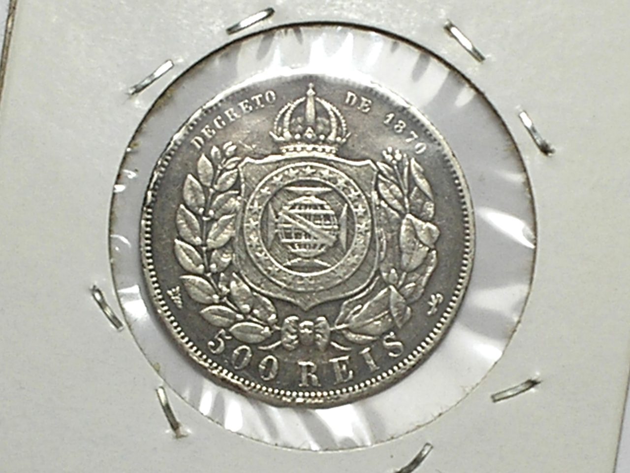 | Casa do Colecionador 500 Réis - 1889 / Variante inédita: Folhas internas esquerda e direita ligam ao escudo / Império / Mbc / Prata