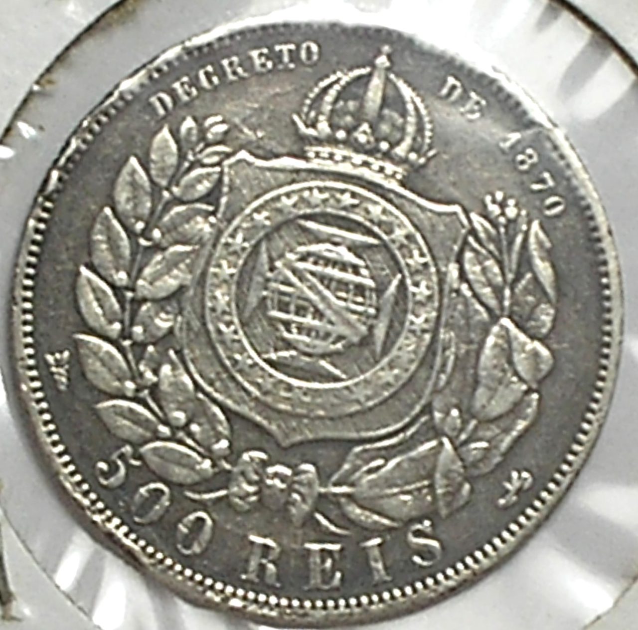 | Casa do Colecionador 500 Réis - 1889 / Variante inédita: Folhas internas esquerda e direita ligam ao escudo / Império / Mbc / Prata